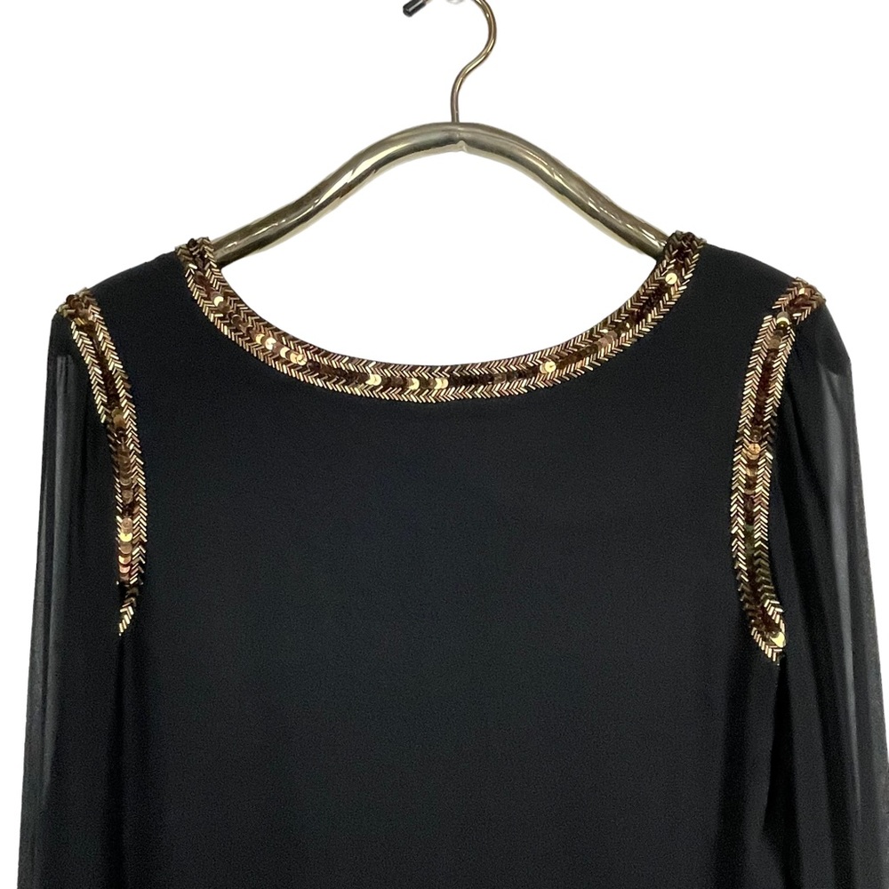 BLACK TIE BY OLEG CASSINI SILK BEADED DECO EMBELLISHED SHEER PANEL TUNIC BLOUSE - Picture 7 of 12